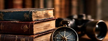 Old leather-bound books beside a brass compass and binoculars