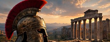 An ancient bronze helmet before ruined temple columns at sunset