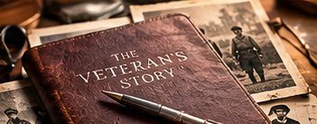 A leather journal titled The Veteran's Story with a fountain pen and old photographs